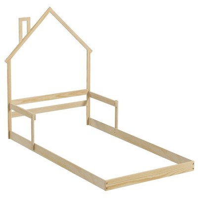 Twin Size Floor Bed for Kids with Chimney Headboard & Handrail