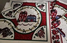 4 Weilwood Christmas Fabric Panel Poinsettias Houses Village Lot Vtg Pillow
