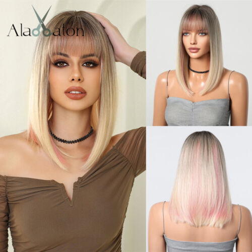 ALAN EATON Ombre Blonde Wigs with Pink Highlight Shoulder Length Straight Wigs - Afbeelding 1 van 14