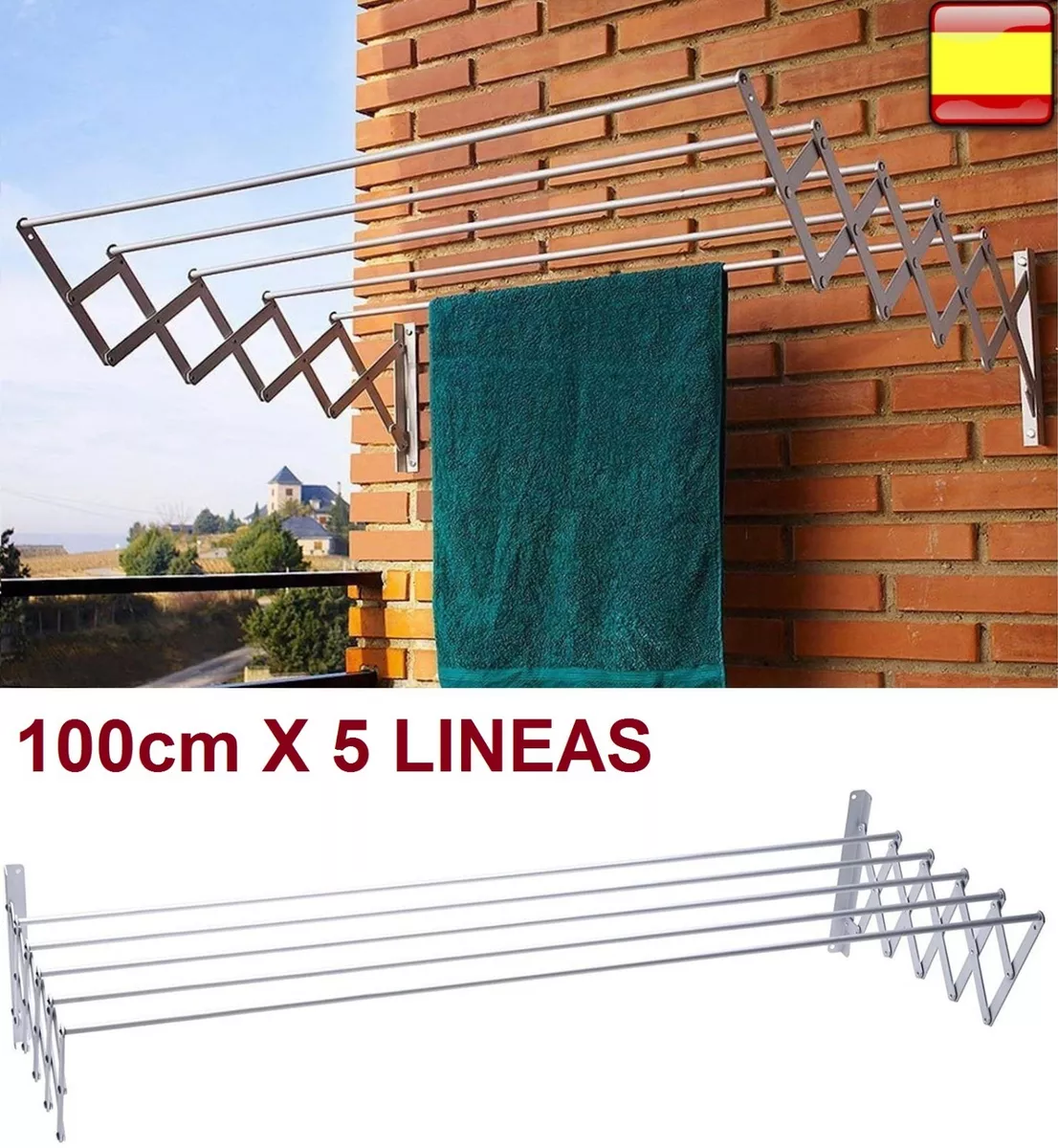 Tendedero extensible plegable metalico de pared en aluminio 100cm  8435055112330