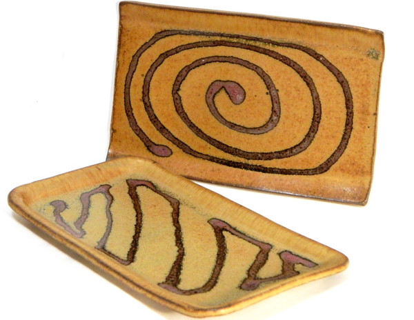 Artist Signed Pottery Serving Trays Brown Geometric Dish Set 2