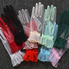 Women Short Tulle Gloves Weeding Stretchy Lace Full Finger Mittens Mesh Glove -