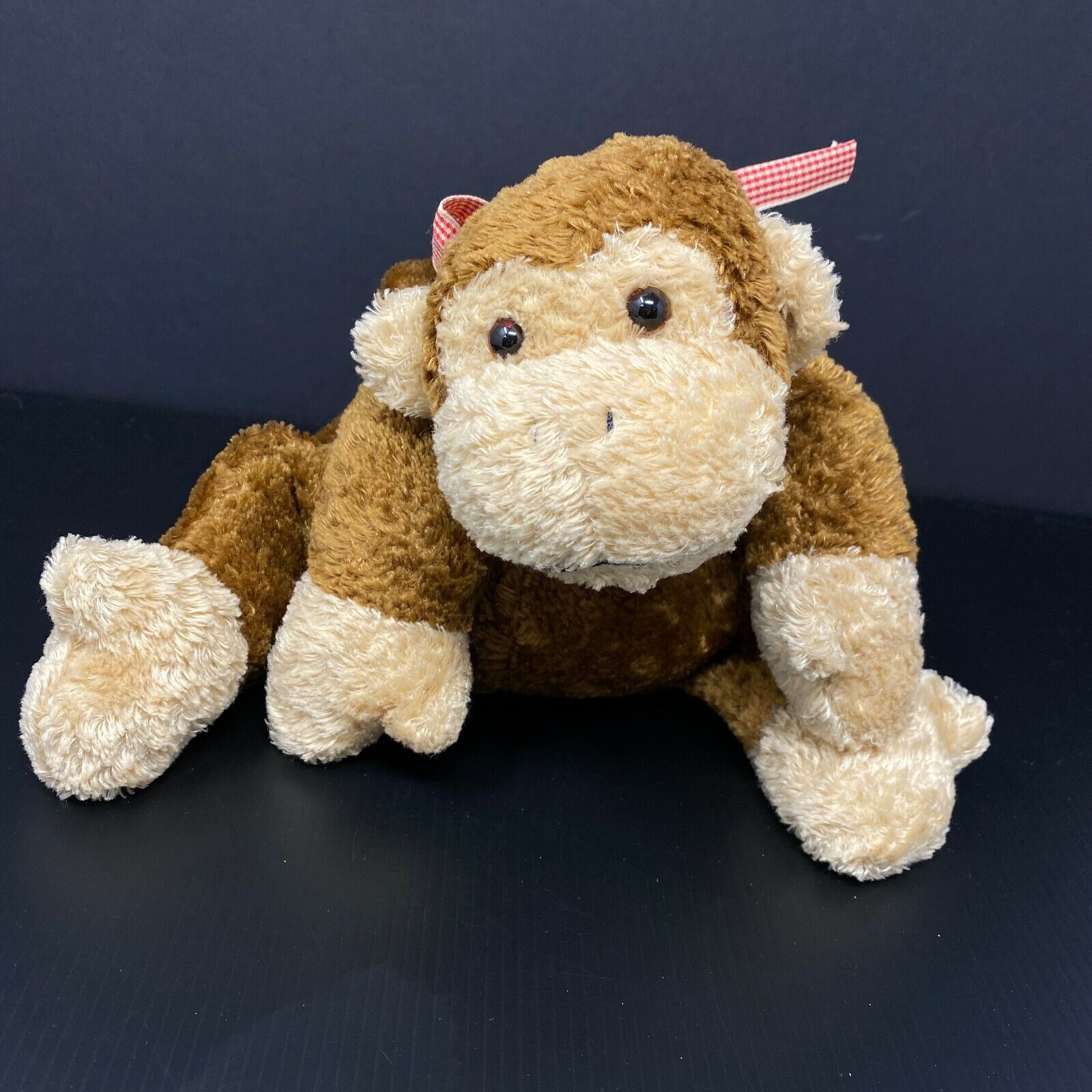 Mary Meyer Monkey Flip Flops Plush 12" Stuffed Animal Brown Red Check Bow Lovey