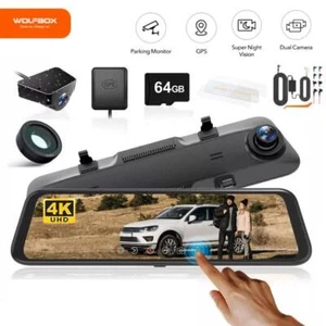 WOLFBOX 4K Mirror Dash Cam & Anti-Glare Film Hardwire Kit, Verre polarisant &SD Carte