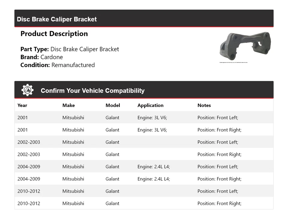 Soporte de pinza de freno de disco Cardone 2002 2003 para Mitsubishi Galant 2001-2012 Foto 2 de 4