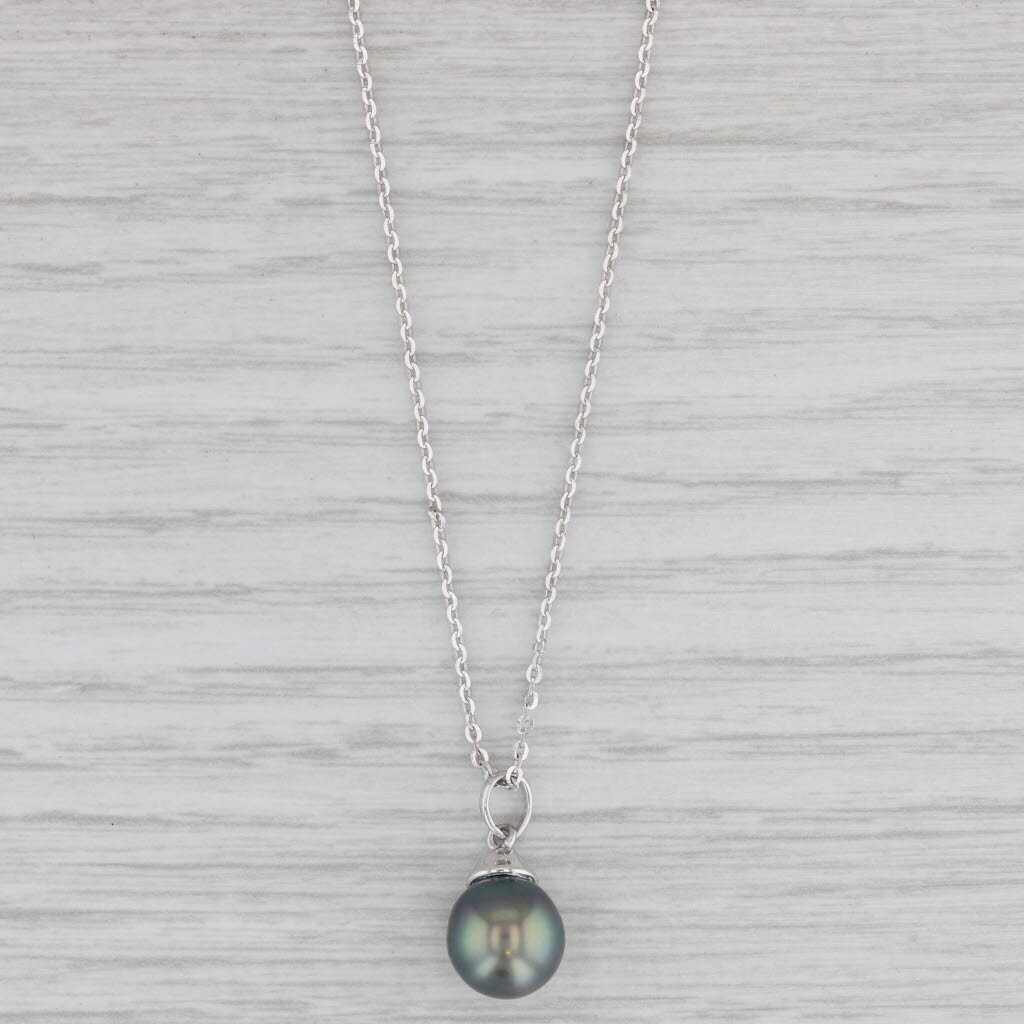 Salt Water Cultured Black Pearl Pendant 14K White Gold Solitaire