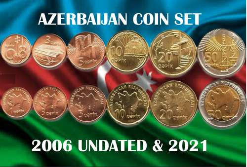 Set monete Azerbaigian 1 3 5 10 20 50 Qopek Kopek 2006 2021 piattaforma petrolifera dna animale - Foto 1 di 4