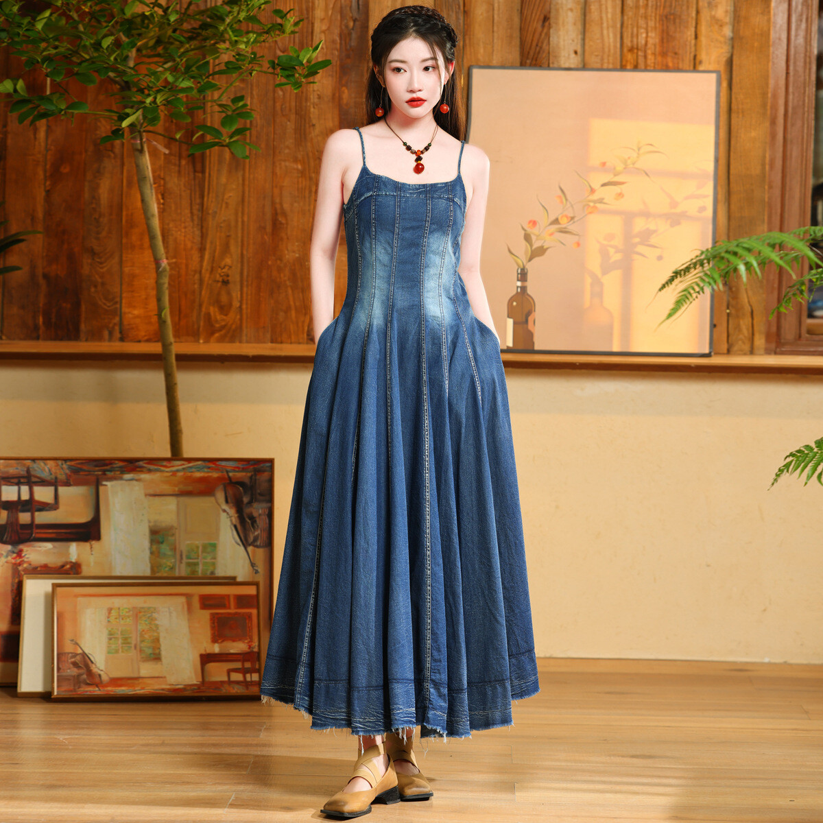 ワンピース PLAIN Blue Dress with Thin Straps in Fabric Woman New Women's Denim Dress Spaghetti Strap Casual Sleeveless