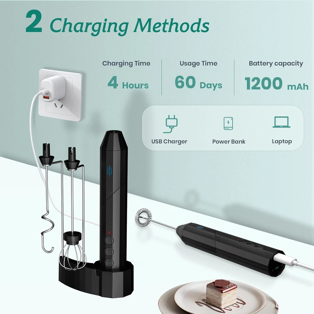 Milk Frother Handheld, USB-C Rechargeable Coffee Frother Wand, Electric Drink Mi