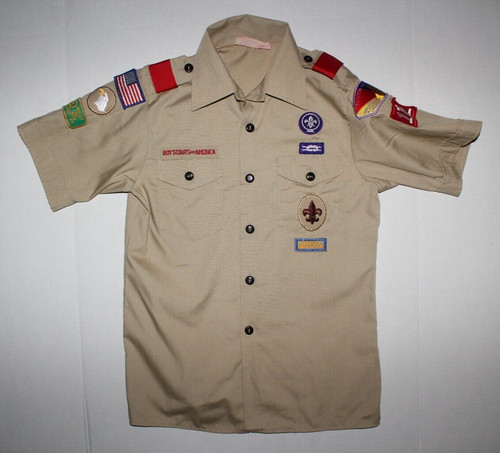Boy Scouts of America BSA Size Large Youth Tan Uniform Shirt With Patches
