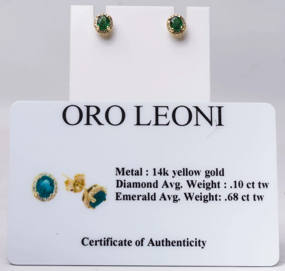 Oro Leoni 14K Yellow Gold Emerald Diamond Stud Earrings eBay