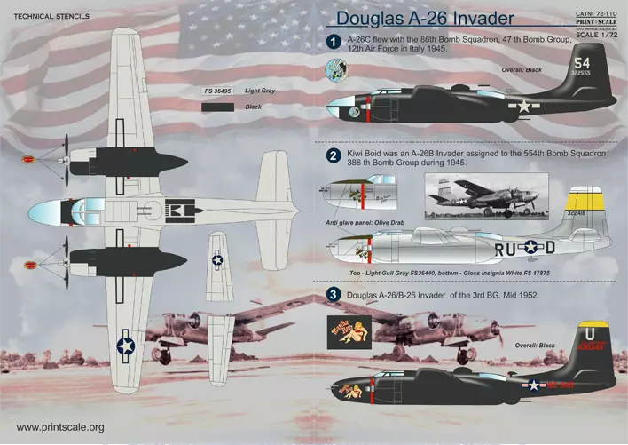 Douglas A-26 Invader 1942 Year 1/72 Scale Decals Kit Print Scale