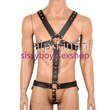 Men PU Leather Costume Full Body Chest Harness Fancy Wear Buckles Belt Clubwear