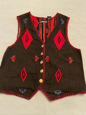 Vintage Notations Vest Embroidered Women  s Size M Whimsigoth Black Red Geo