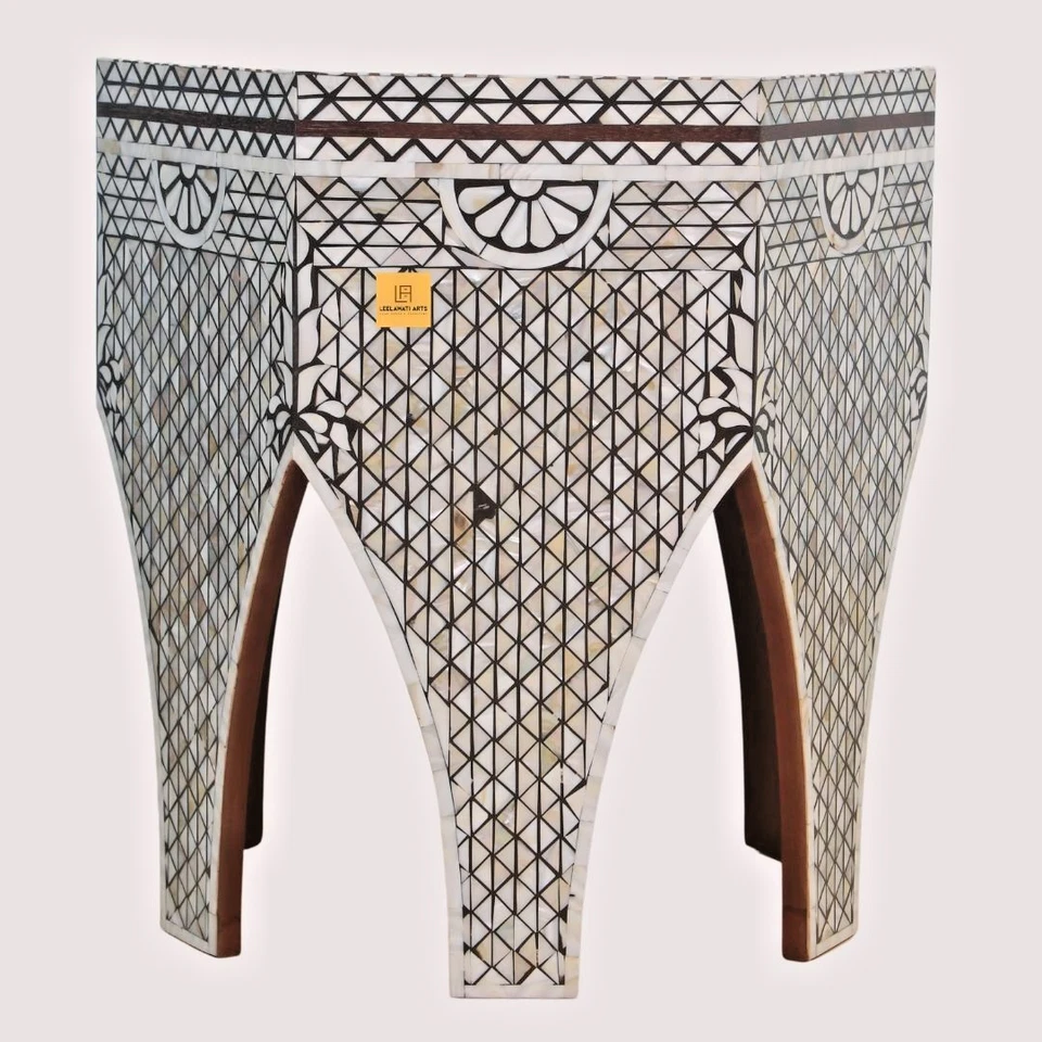 Hexagon Moroccan Floral Design Wooden Antique Side Table Stool - Image 3 of 4