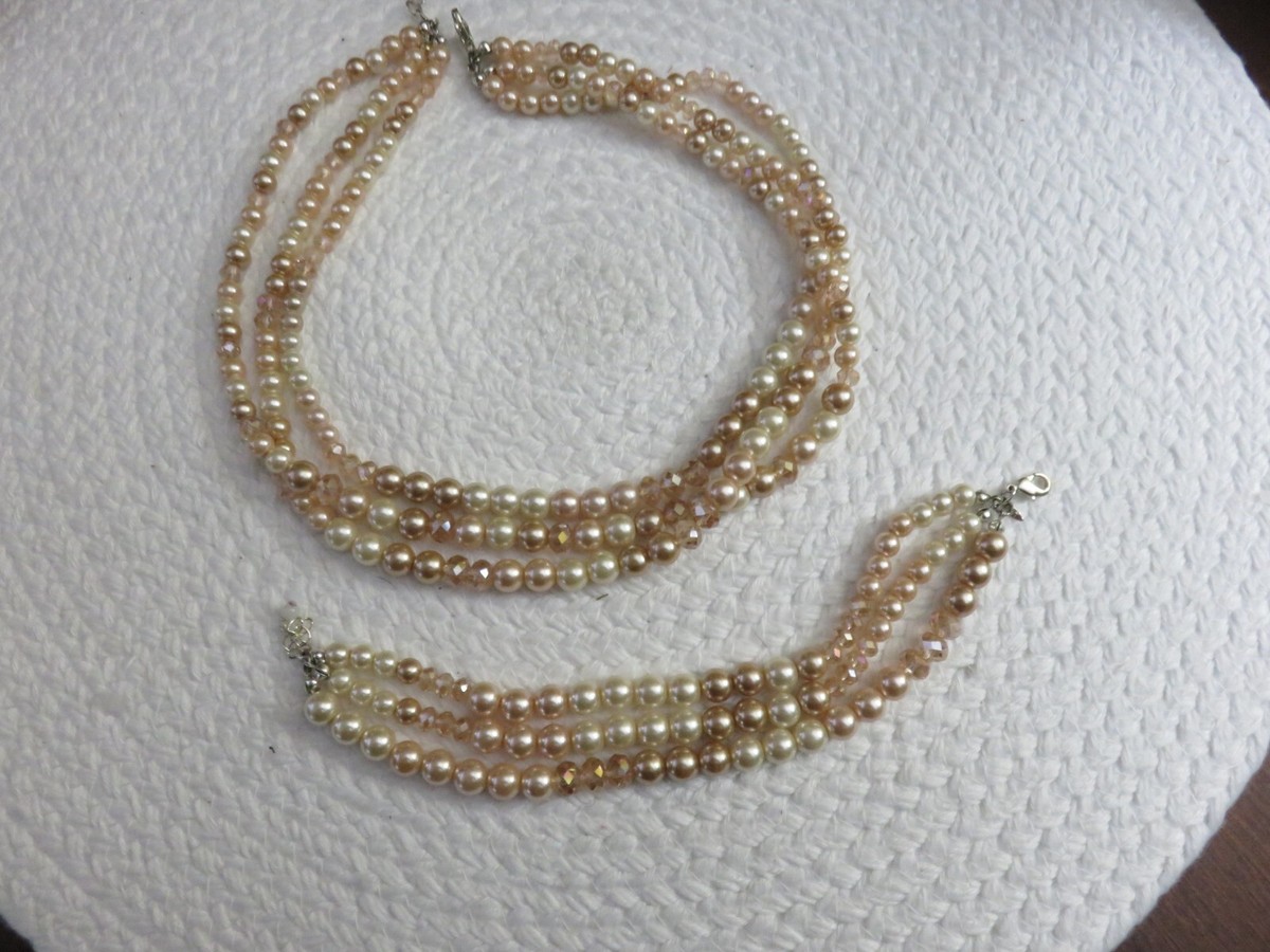 Pink pearl and crystal three stand necklace and bracelet set