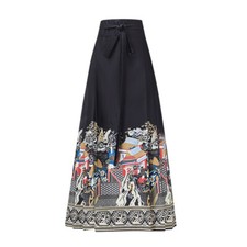 Lady Chinese Style Horse Face Long Skirt Pleated Printed Tie Up High Waist Skirt