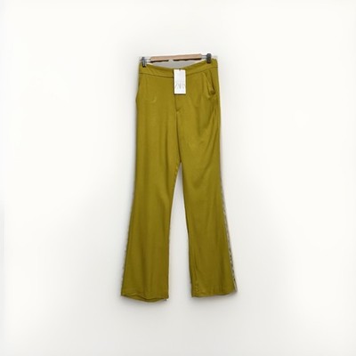 Zara Hose Damen Gr. S Small Gelb Ocker Satin Weites Bein Taschen Urlaub