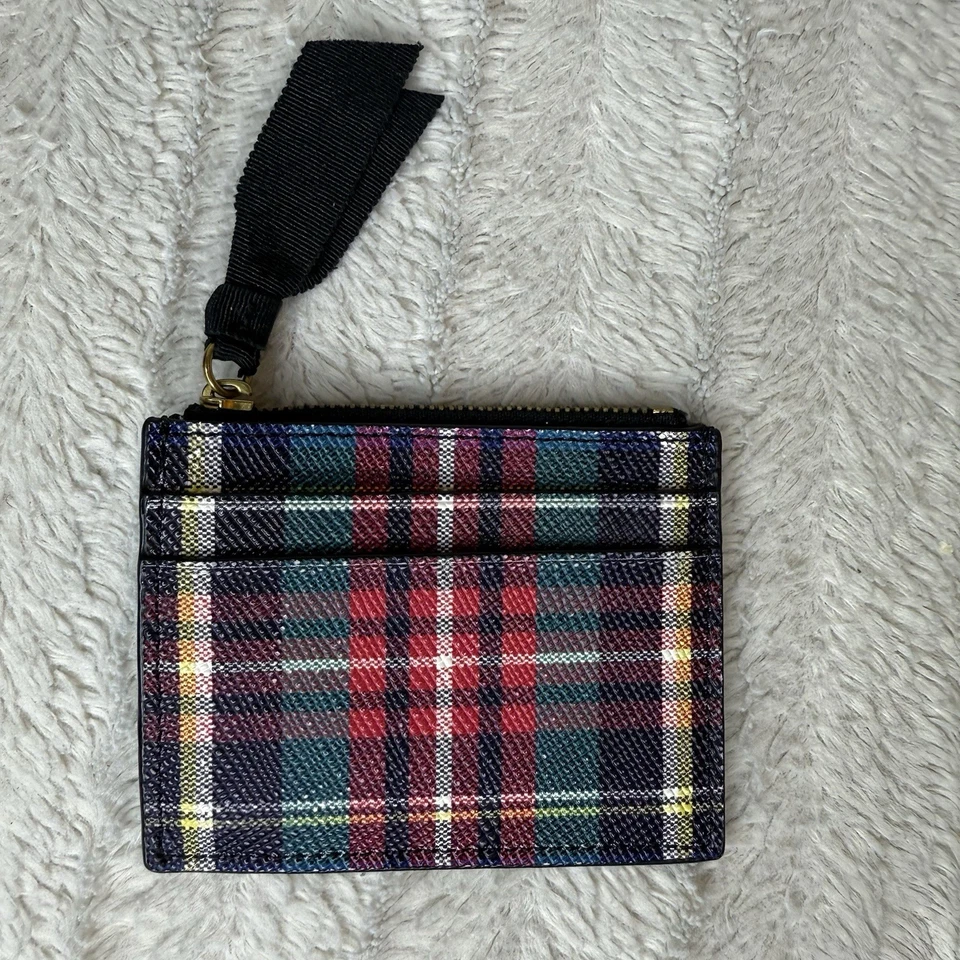 J. Crew Tartan Plaid Credit Card Case Leather Wallet Preppy Zip Close Thin Small - Image 4 of 4