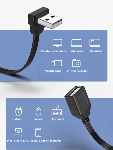 2PCS 90 Degree USB2.0 Extension Cable Flat Right Angle Male to Female USB Cab... - Picture 2 of 8