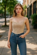 90s Aspeed USA Gold Corset Top With Sequin Detailing, Sizing Women 15-16