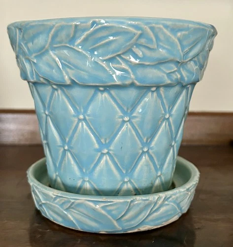 Vtg Turquoise MCCOY POTTERY Quilted Diamond Flower Pot Planter Attached Saucer