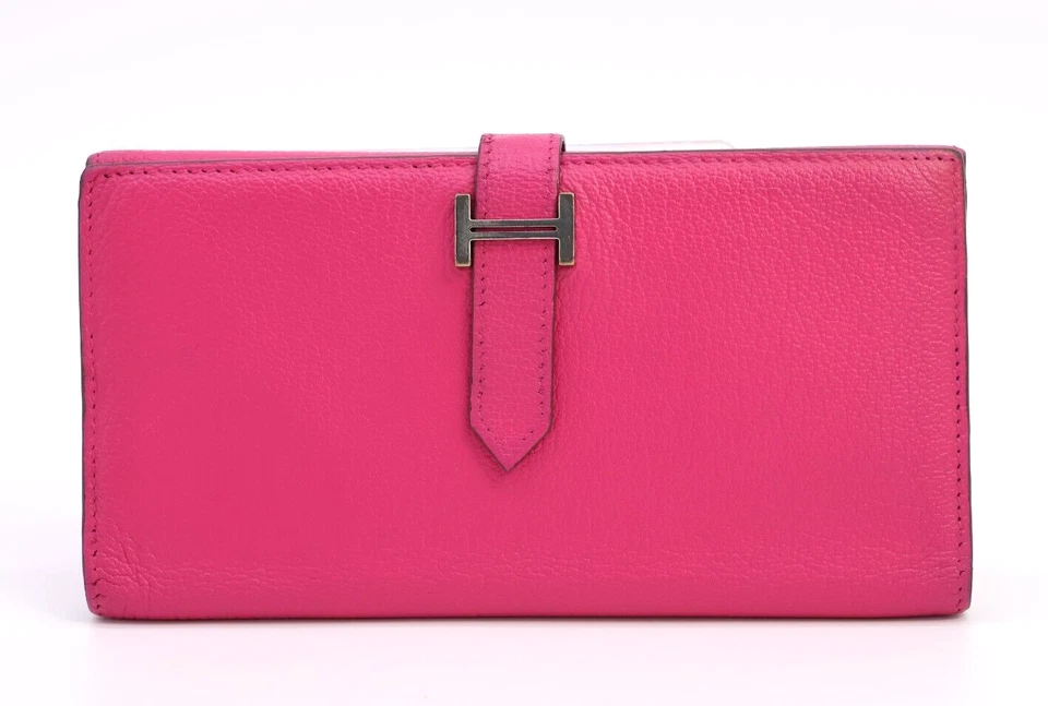 Cartera Larga Hermès Bearn Cartera Triple Cuero Suave Rosa Impactante Caja Auténtica Foto 4 de 4