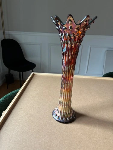 Fenton rustic   16" amber  funeral vase Carnival  Glass Swung Vase _ Very Tall