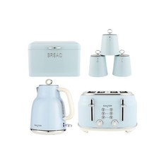 Salter Retro Kettle, Toaster, Canister and Bread Bin Set 4 Slice Wide Slots Blue