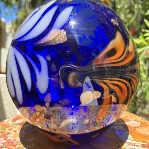 Vntg Murano Art Glass Vase Cobalt Blue Orange MidCentury Modern Heavy 7lb Sphere - Picture 3 of 19