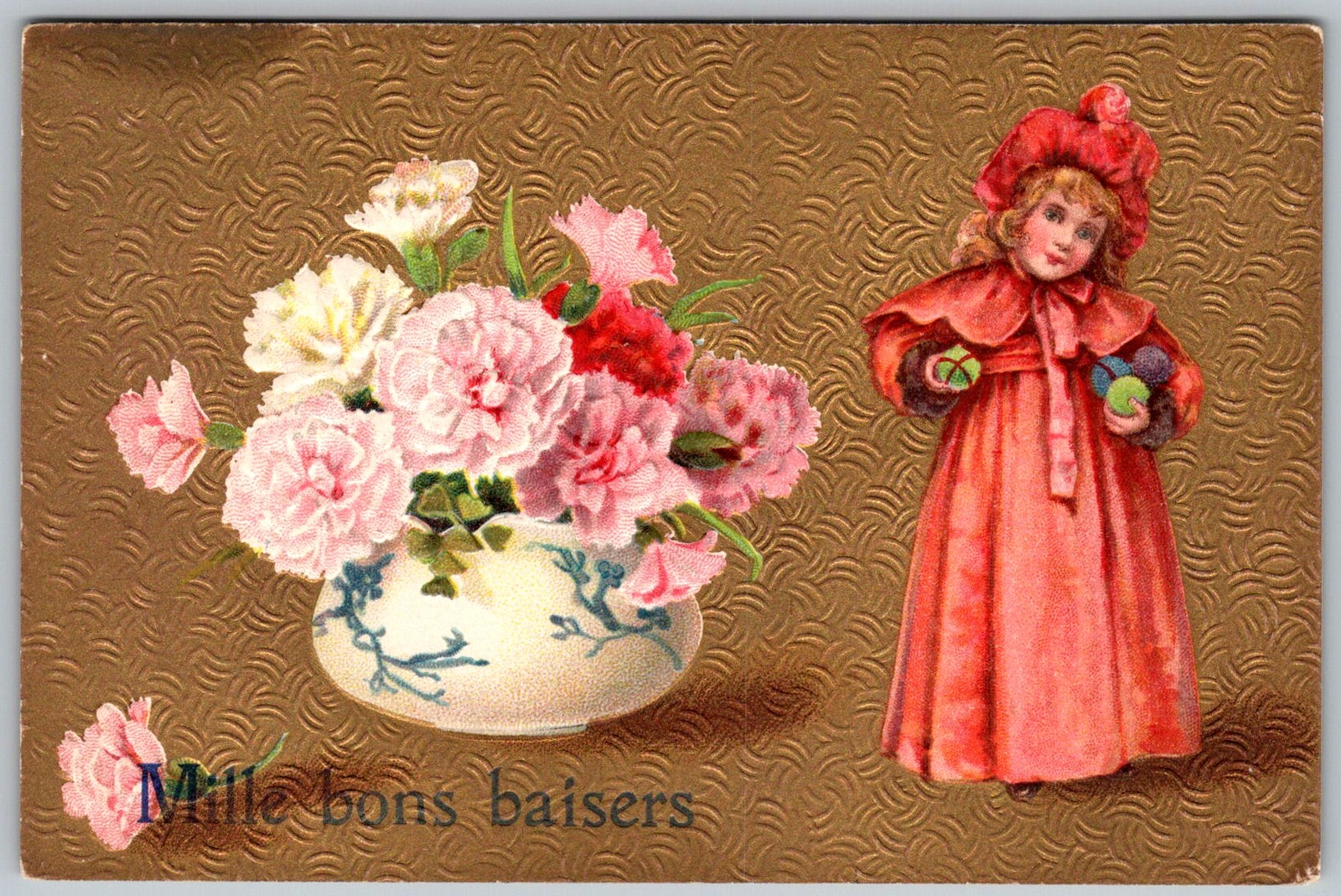 Antique Postcard Embossed Floral Vase Girl 1910s
