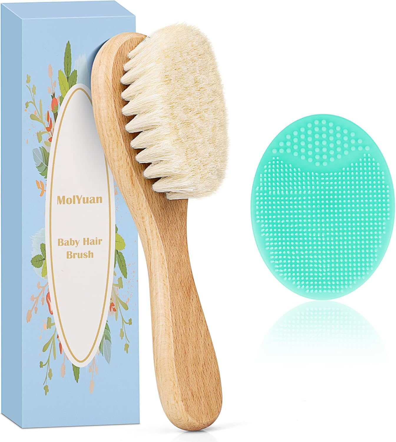 2PCS Baby Hair Brush, Goat Bristles Brush and Green Baby Silicone Brush Set for