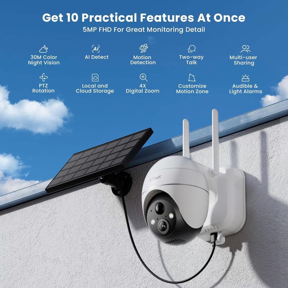 ieGeek 5MP Solar-Powered 360° Security Camera, with Spotlight/Siren, Color Night