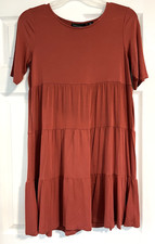 Cynthia Rowley Dress Womens Size M Orange Brown Short Sleeve Tiered Soft Fall
