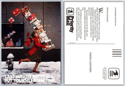 1987 USPS Priority Mail Christmas Ad Postcard Last-Minute Shoppers Bodi & Co.