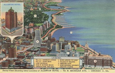 1952 Allerton Hotel Chicago IL Aerial View Map Linen Postcard Posted