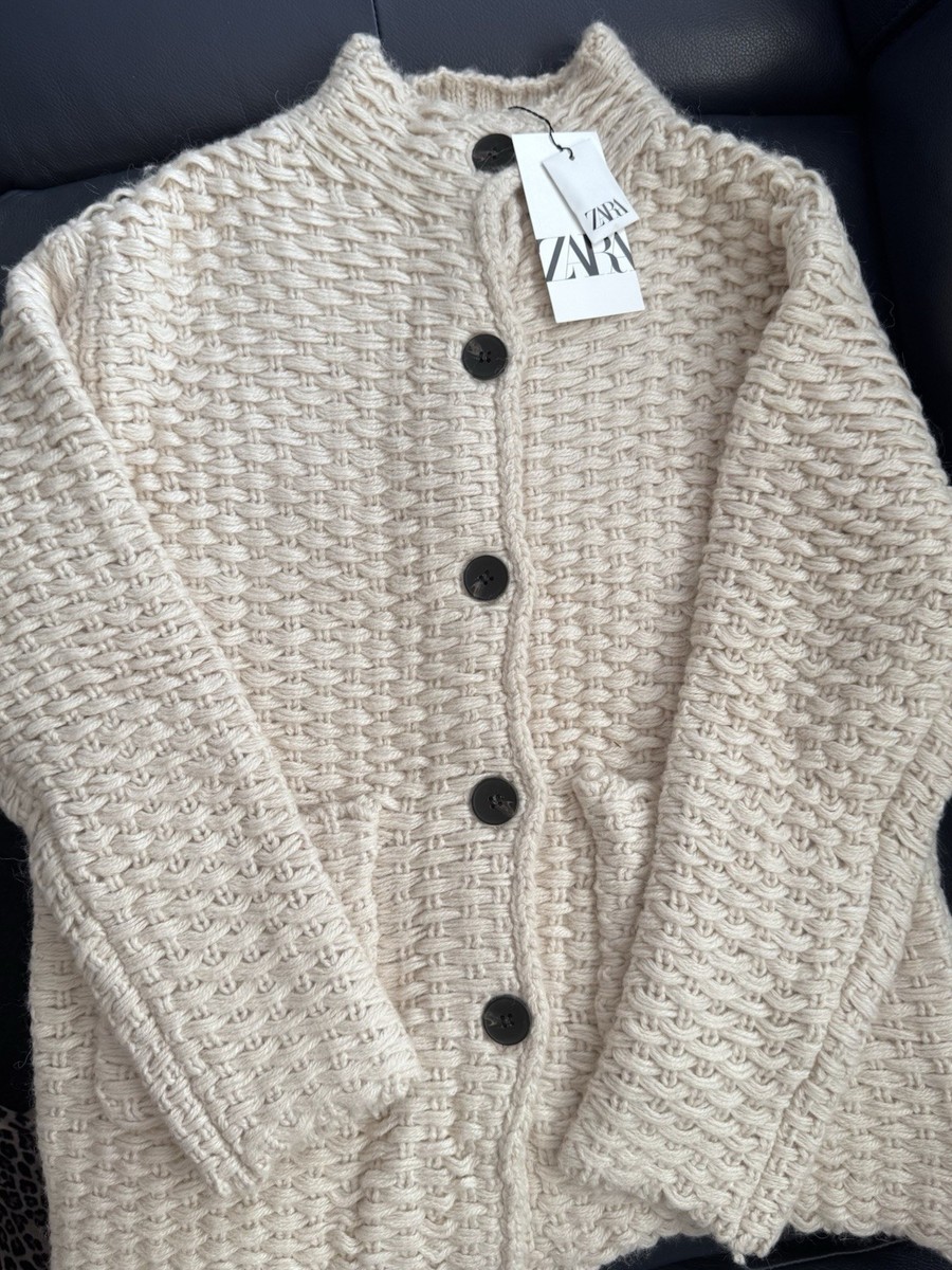 Zara Ecru High Neck Chunky Knit Cardigan Jacket Size S 9598/245