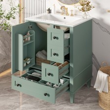 24" Wood Bathroom Vanity Storage Cabinet with Ceramic Sink  Soft-Close Drawers