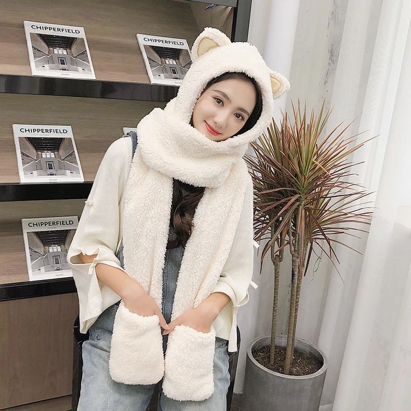 Women Double Thick Hat Scarf Gloves Three-Piece Scarves Korean Style Winter  Hats