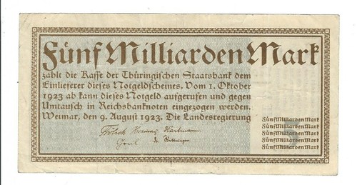 Notgeld -Weimar-Thüringische Staatsbank-Thür. Landesregierung-5 Mrd. Mark-1923