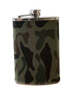 Silver Flask with Camouflage Wrap Screw Top Attached - Golf Hunting Outdoor 8 OZ