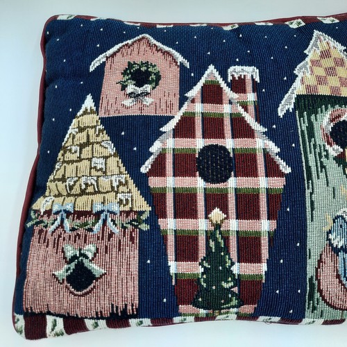 Tapestry CHRISTMAS Throw Pillow Holiday Decorative Pillow Bird Houses And Bird. - Picture 3 of 10