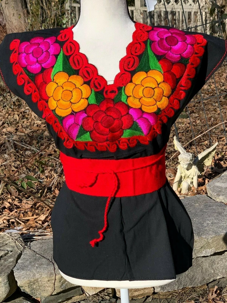 Mexican Blouse Shirt Top Embroidered Flowers Chiapas Belt Faja