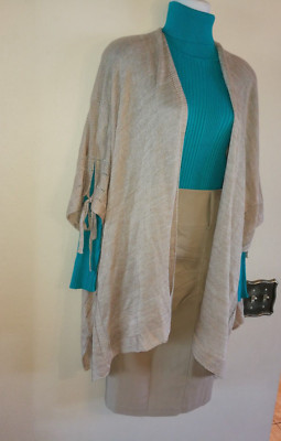 Women 3 pc Set Turquoise Top Sz S , Beige Cardigan Sz S Beige Stretch Skirt Sz L