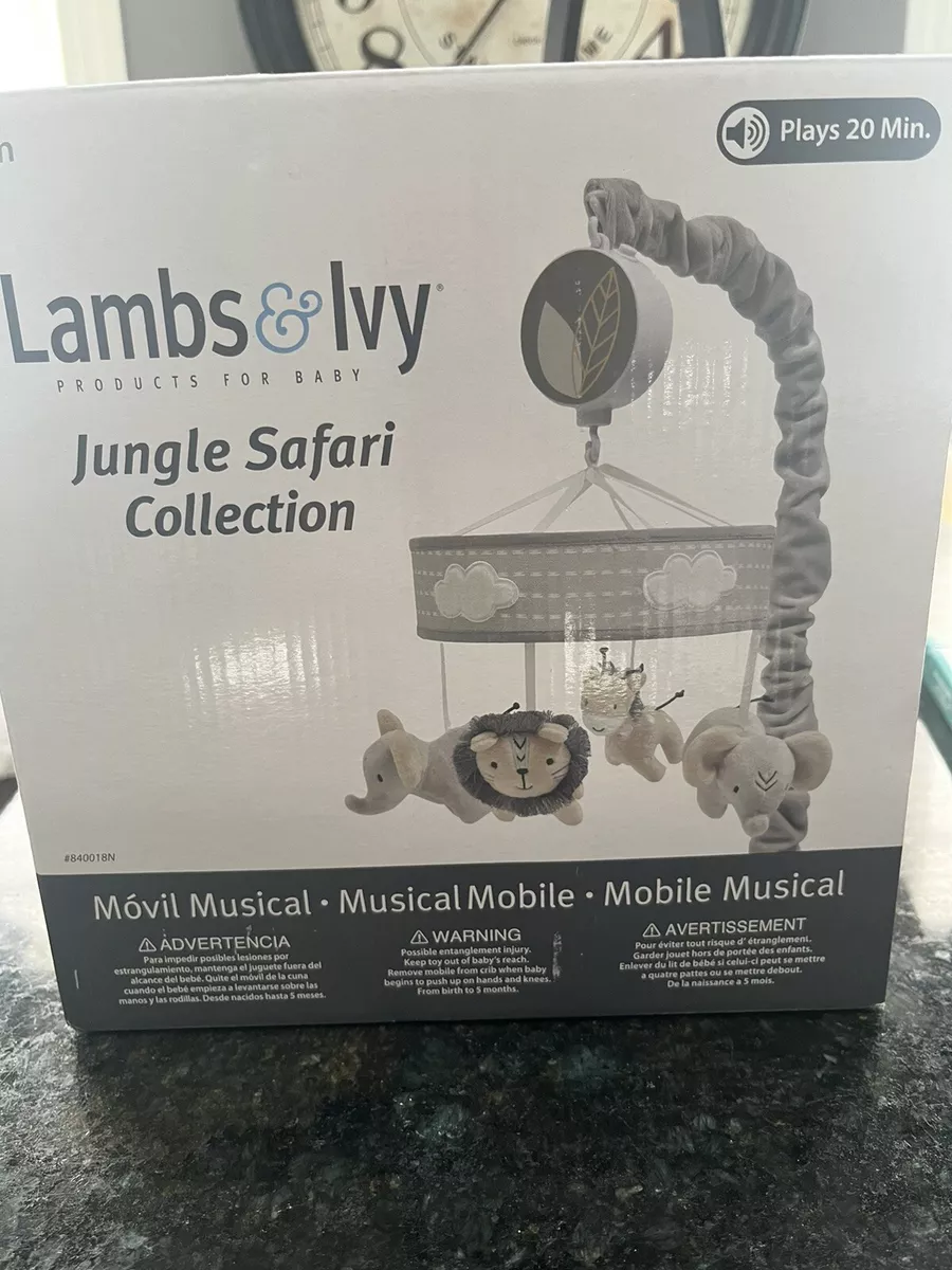 Lambs Ivy Jungle Safari Musical Baby Crib Mobile Gray Beige White Animals