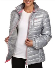 Fila Shimmer Grey Pink Quilted Puffer F/z Coat Jacket Packable Hood New Womens M