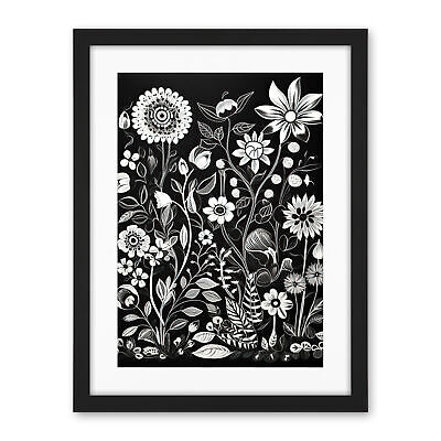 Black and White Wild Flower Contour Pattern Framed Wall Art Print Picture  18X24