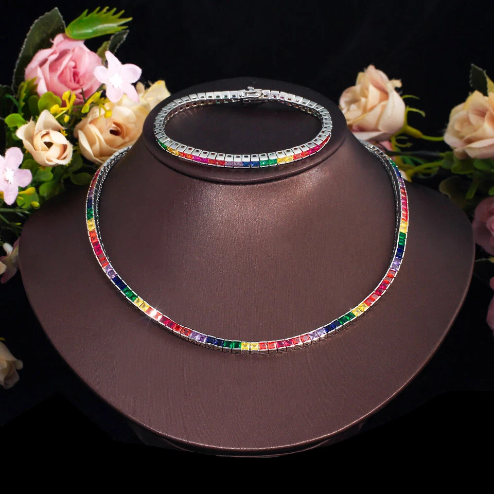 Silver Plated CZ Square Bracelet Rainbow Necklace Bracelet Jewelry Set Accessory