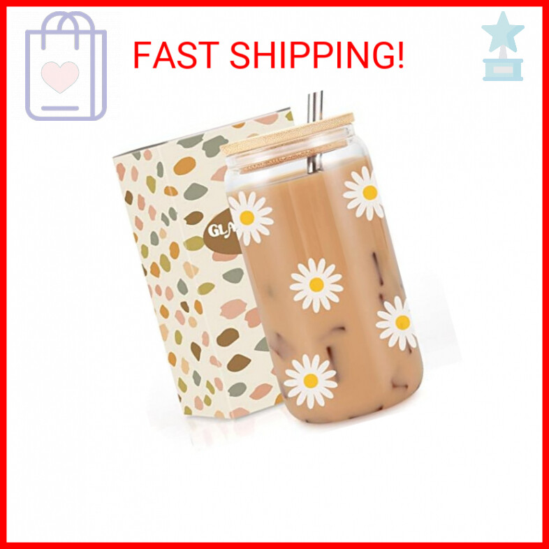 GSPY Daisy Aesthetic Cups, Iced Coffee Cup, Cute Glass Cup with Lid
