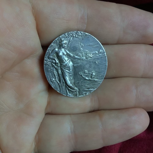 Sterling Silver Nude Lady Girl Swim Football Sport Antique Art Medal Plaque - Picture 7 of 10